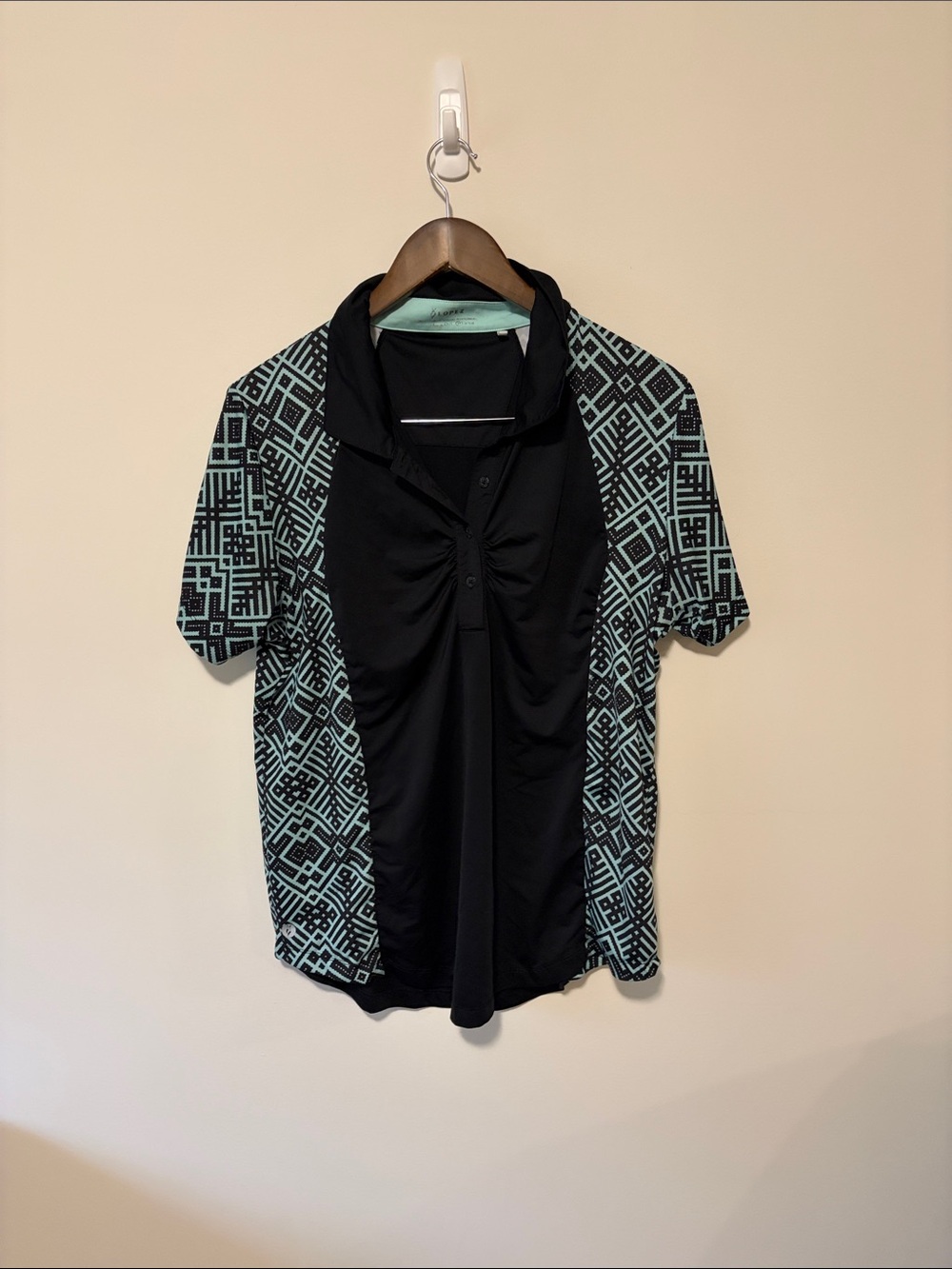 Geometric Panel Short-Sleeve Polo Top - Black & Mint